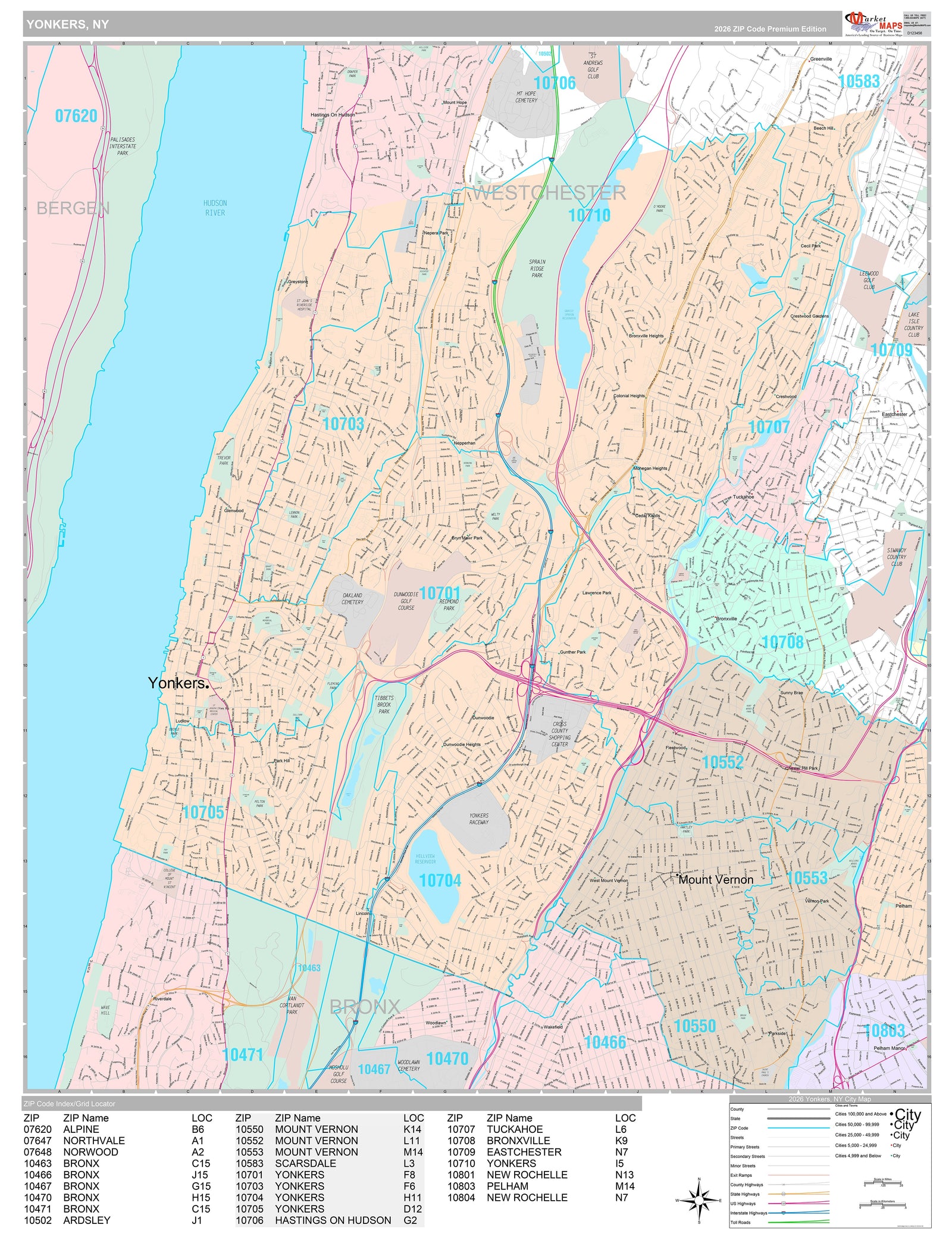 Premium Style Wall Map of Yonkers NY
