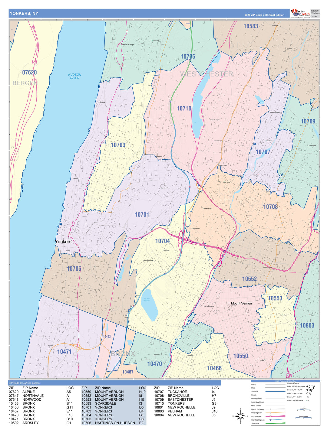 Color Cast Zip Code Style Wall Map of Yonkers NY