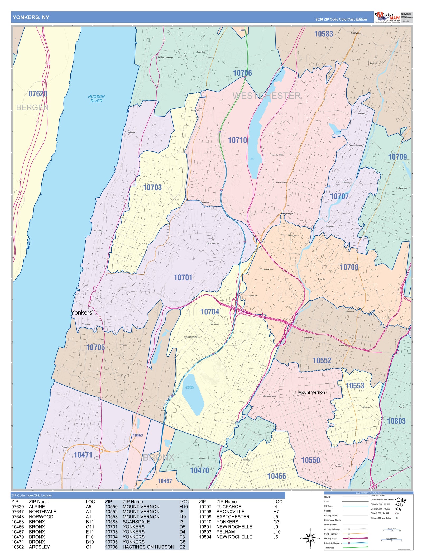 Color Cast Zip Code Style Wall Map of Yonkers NY
