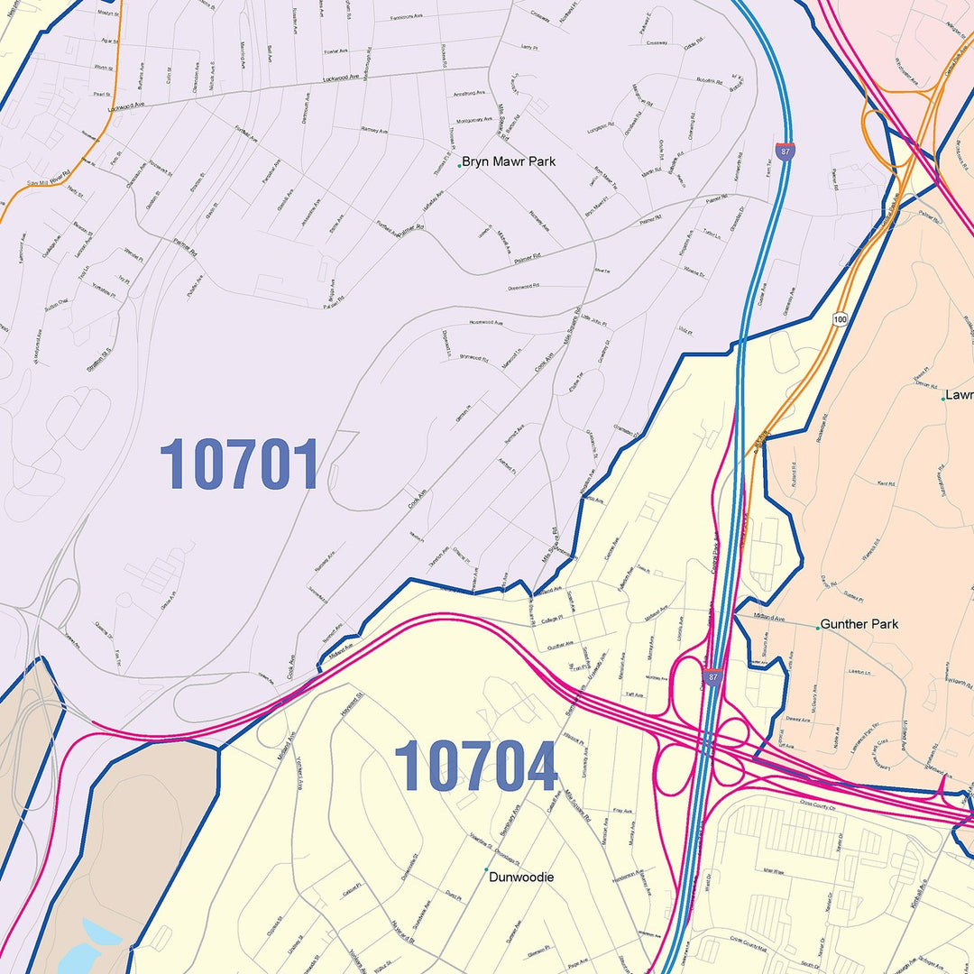 Color Cast Zip Code Style Wall Map of Yonkers NY