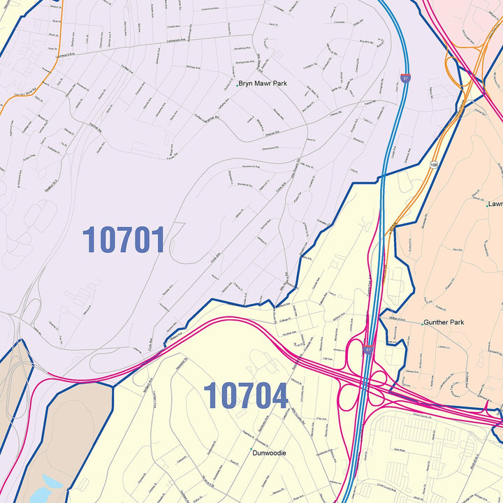 Color Cast Zip Code Style Wall Map of Yonkers NY