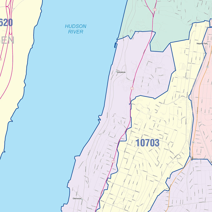 Color Cast Zip Code Style Wall Map of Yonkers NY