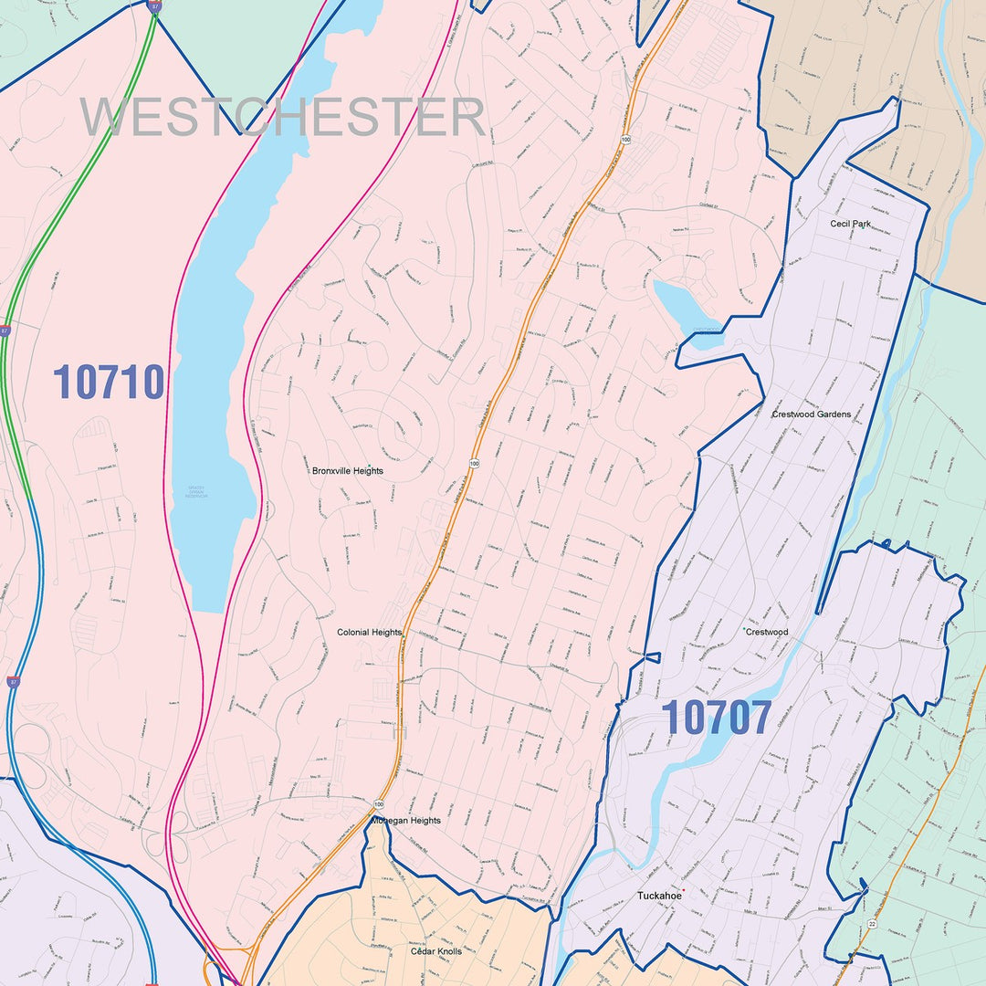Color Cast Zip Code Style Wall Map of Yonkers NY