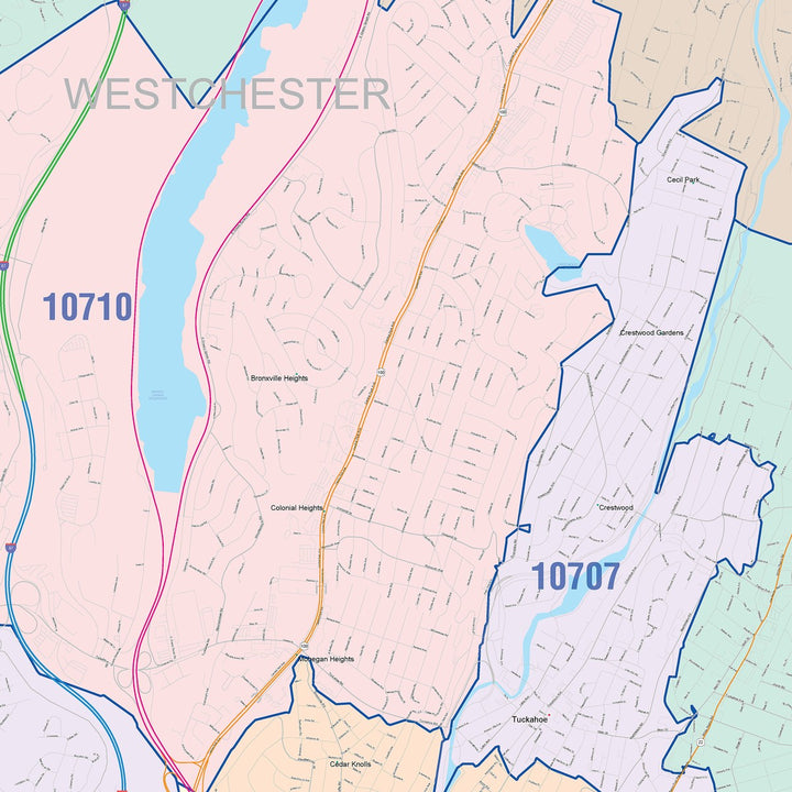 Color Cast Zip Code Style Wall Map of Yonkers NY