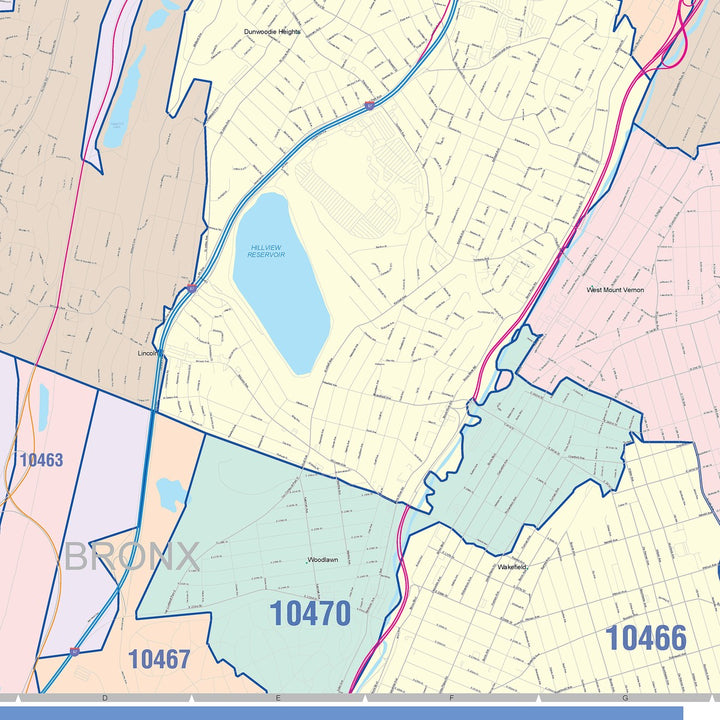 Color Cast Zip Code Style Wall Map of Yonkers NY