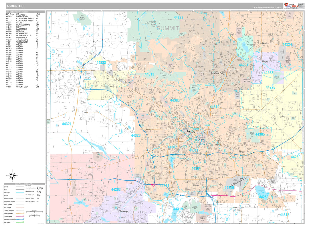 Premium Style Wall Map of Akron OH