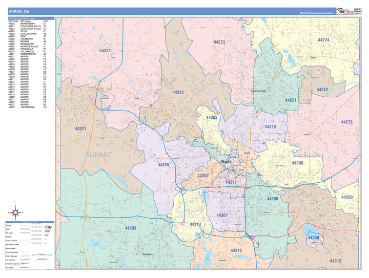 Color Cast Style Wall Map of Akron OH