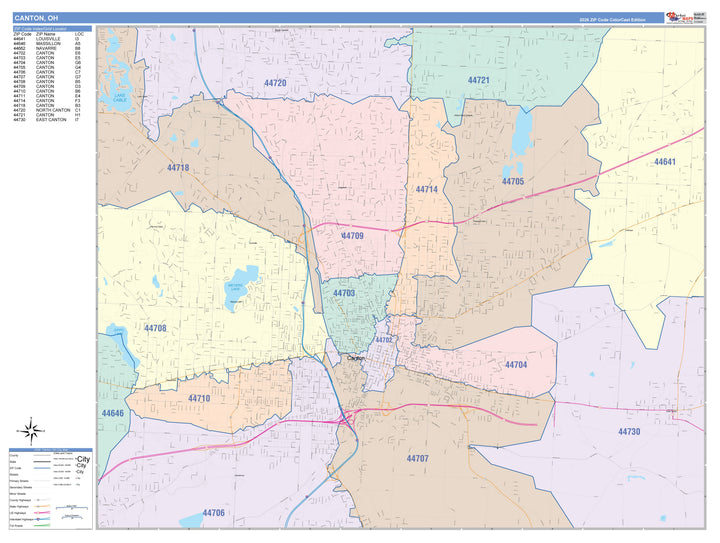 Color Cast Zip Code Style Wall Map of Canton, OH