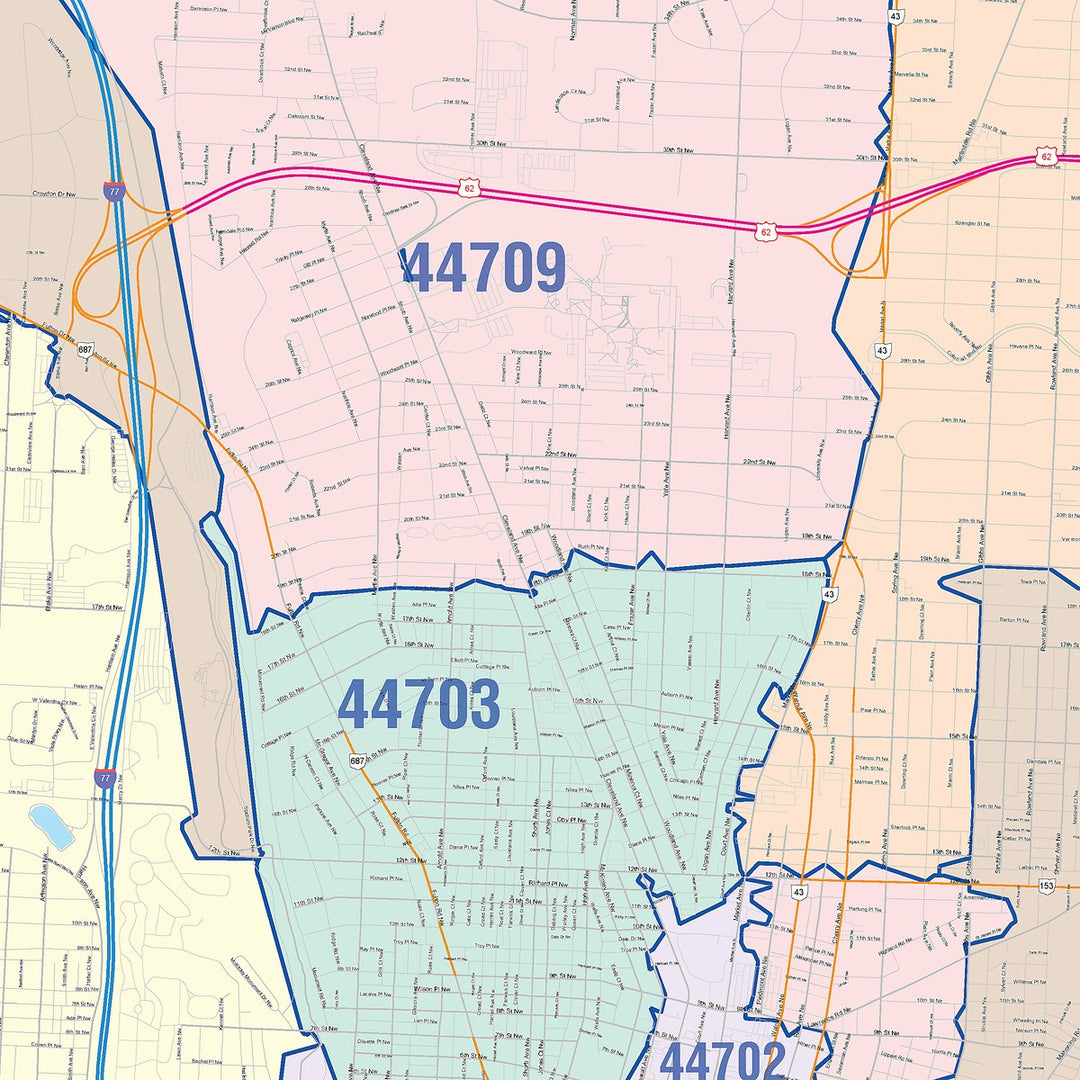 Color Cast Zip Code Style Wall Map of Canton, OH