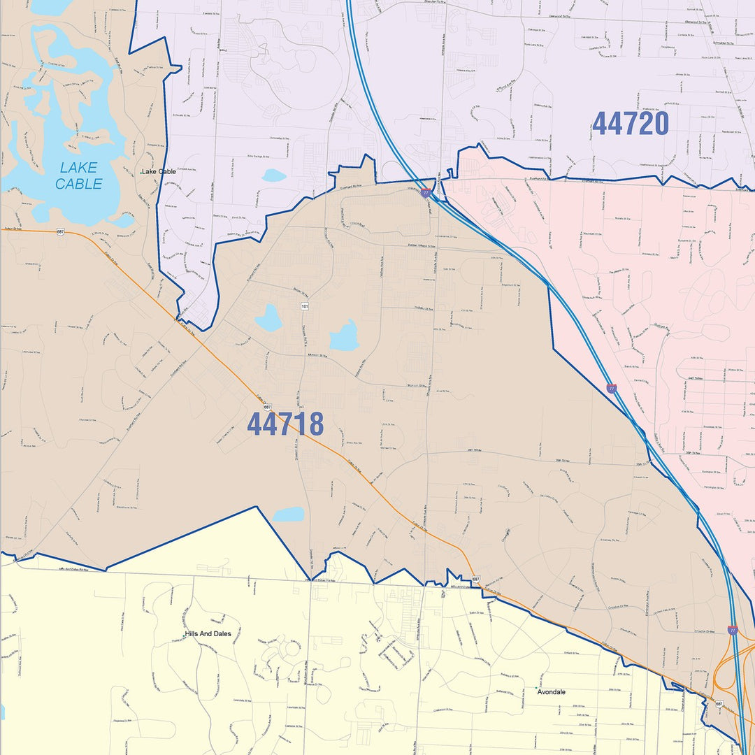 Color Cast Zip Code Style Wall Map of Canton, OH