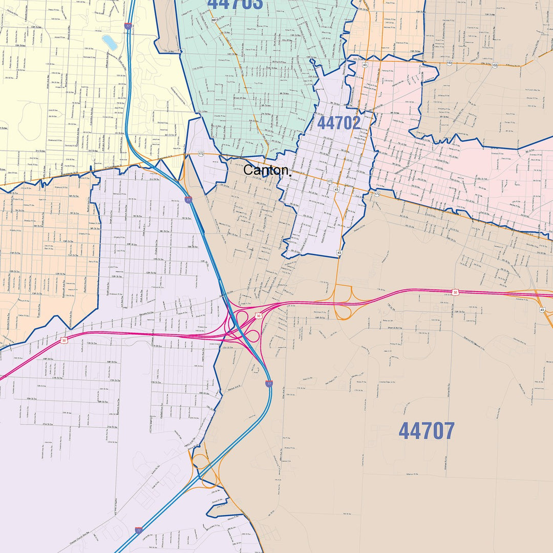 Color Cast Zip Code Style Wall Map of Canton, OH