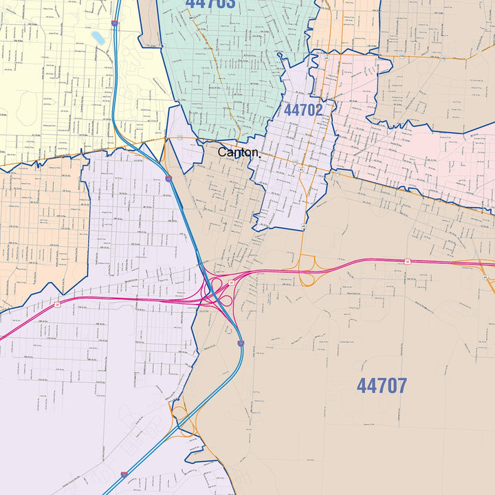 Color Cast Zip Code Style Wall Map of Canton, OH
