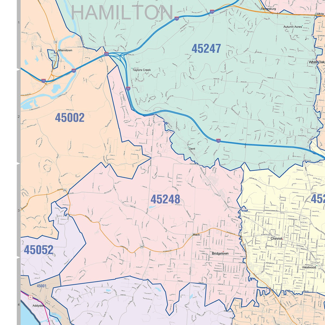 Color Cast Zip Code Style Wall Map of Cincinnati OH