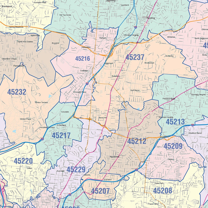 Color Cast Zip Code Style Wall Map of Cincinnati OH