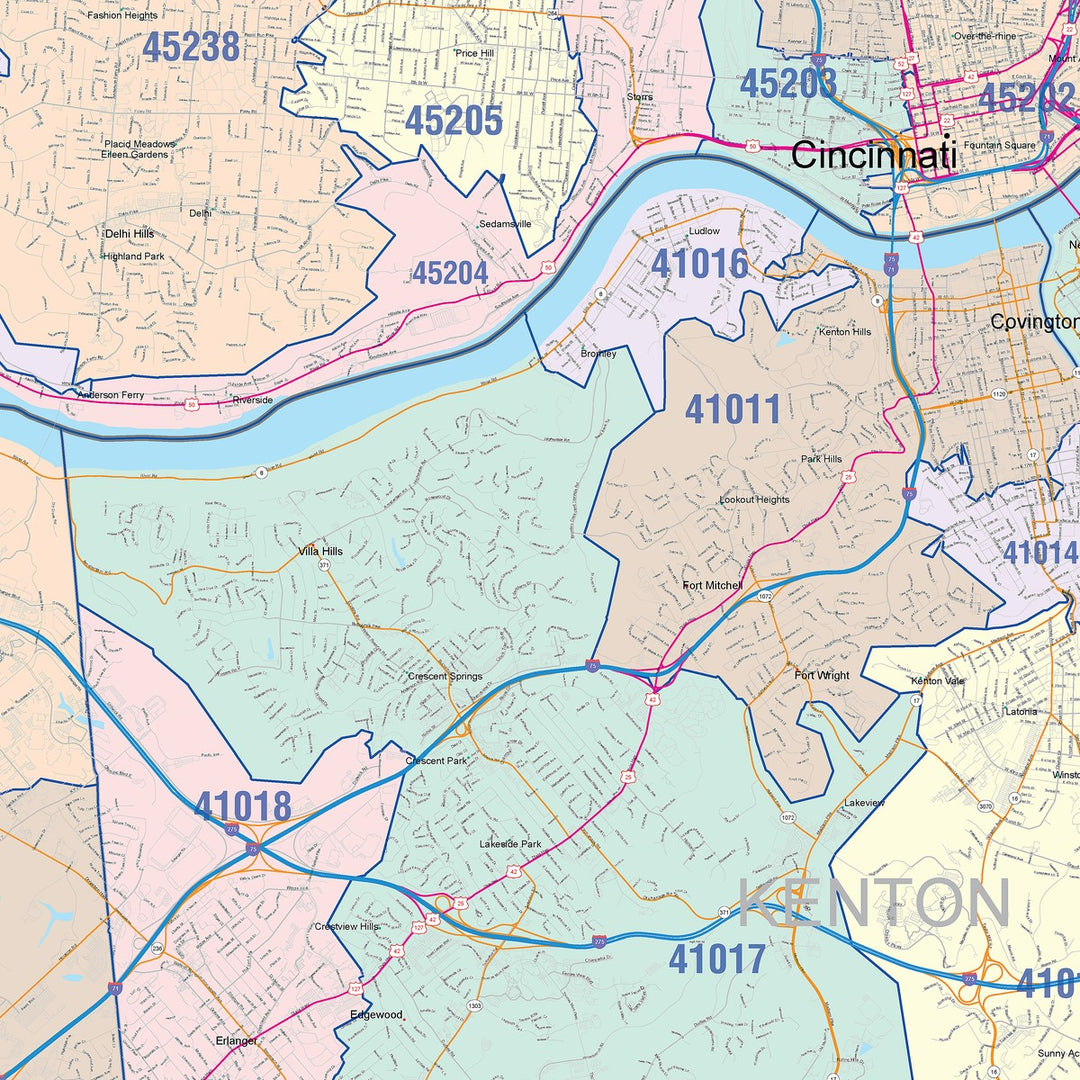 Color Cast Zip Code Style Wall Map of Cincinnati OH