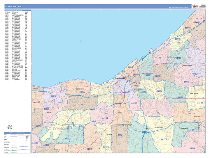 Color Cast Zip Code Style Wall Map of Cleveland OH