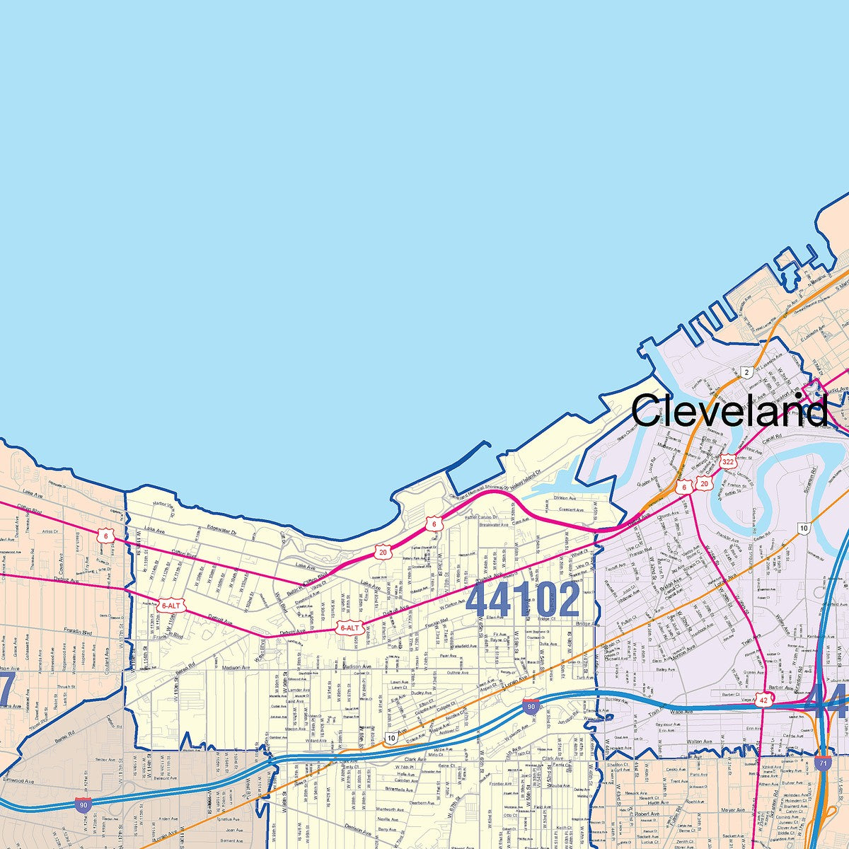 Color Cast Zip Code Style Wall Map of Cleveland, OH – American Map