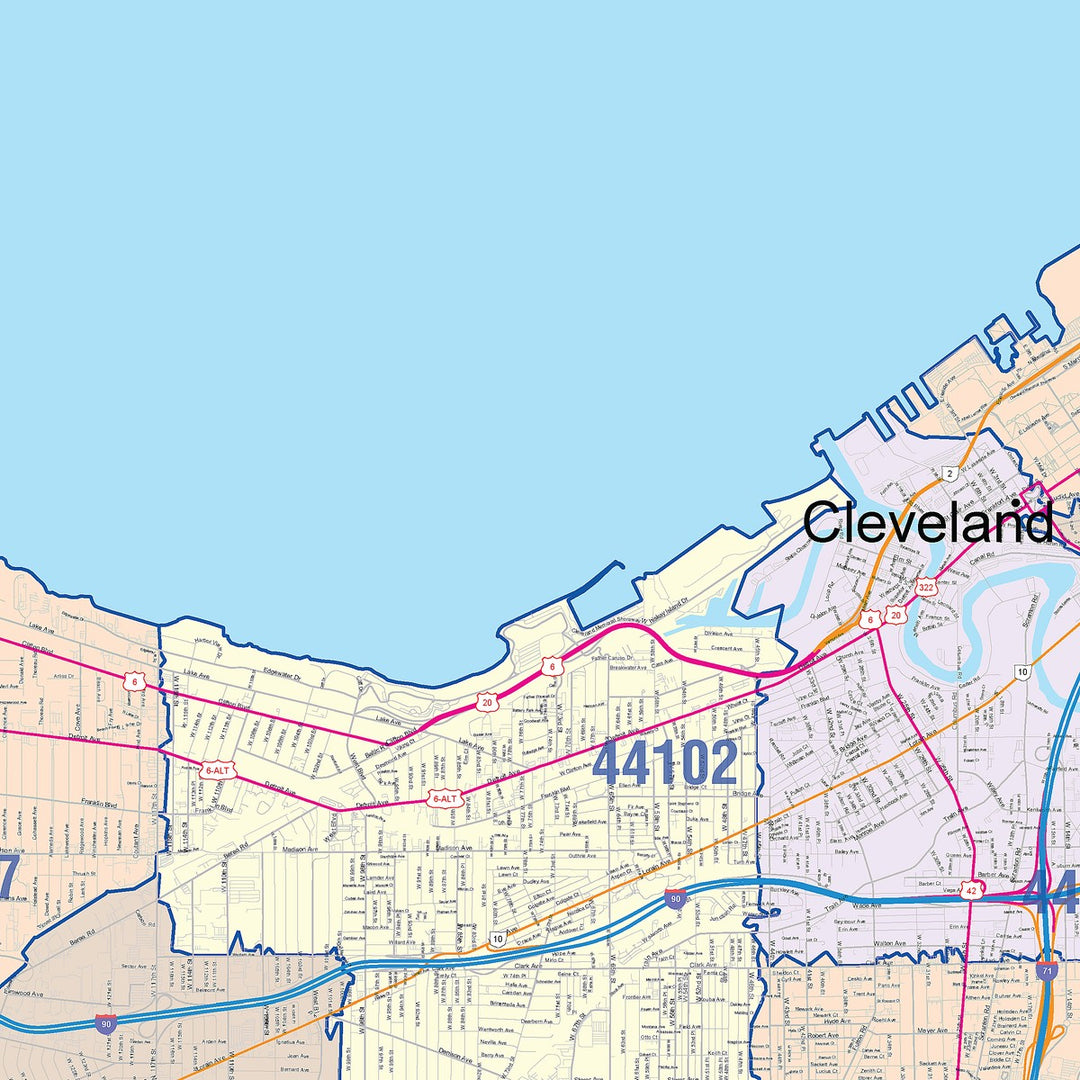 Color Cast Zip Code Style Wall Map of Cleveland OH