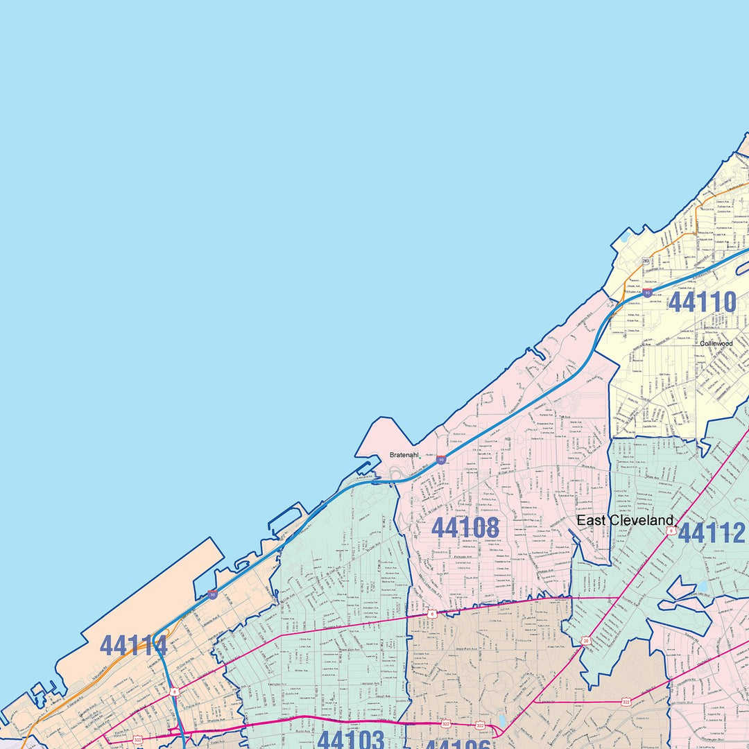Color Cast Zip Code Style Wall Map of Cleveland OH