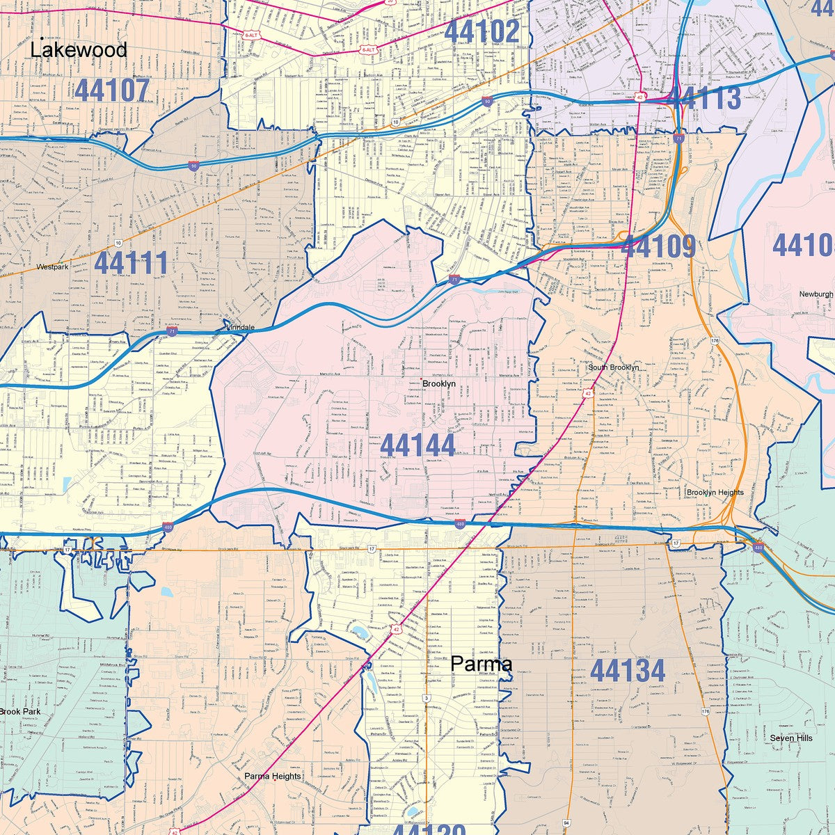 Color Cast Zip Code Style Wall Map of Cleveland, OH – American Map