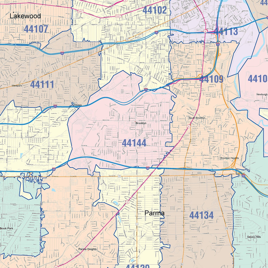 Color Cast Zip Code Style Wall Map of Cleveland OH