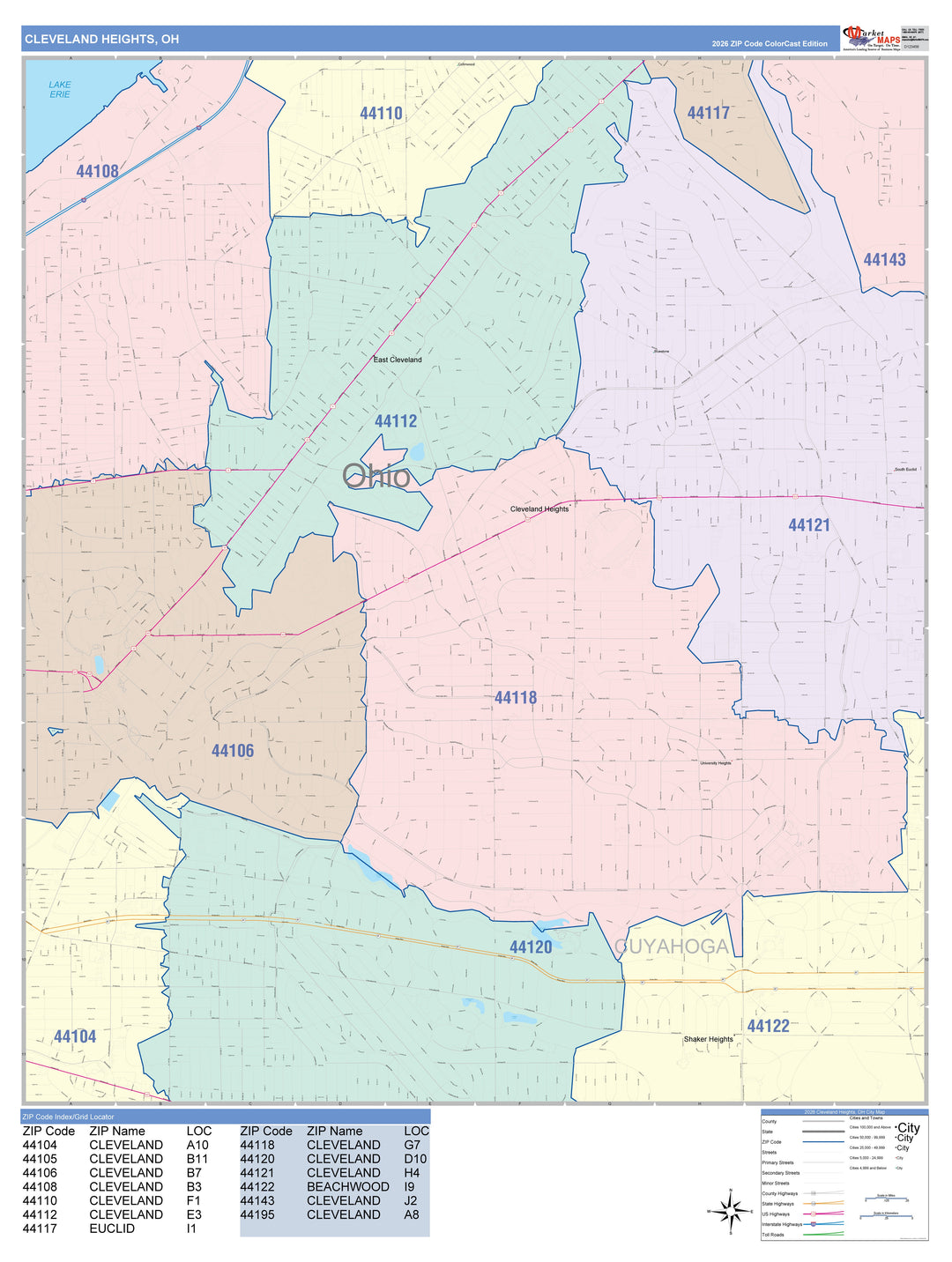 Color Cast Zip Code Style Wall Map of Cleveland Heights, OH
