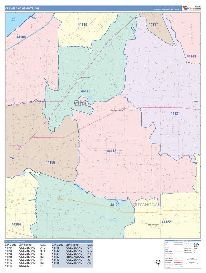 Color Cast Zip Code Style Wall Map of Cleveland Heights, OH