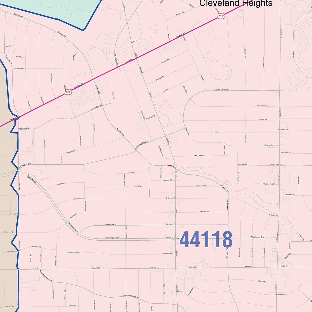 Color Cast Zip Code Style Wall Map of Cleveland Heights, OH