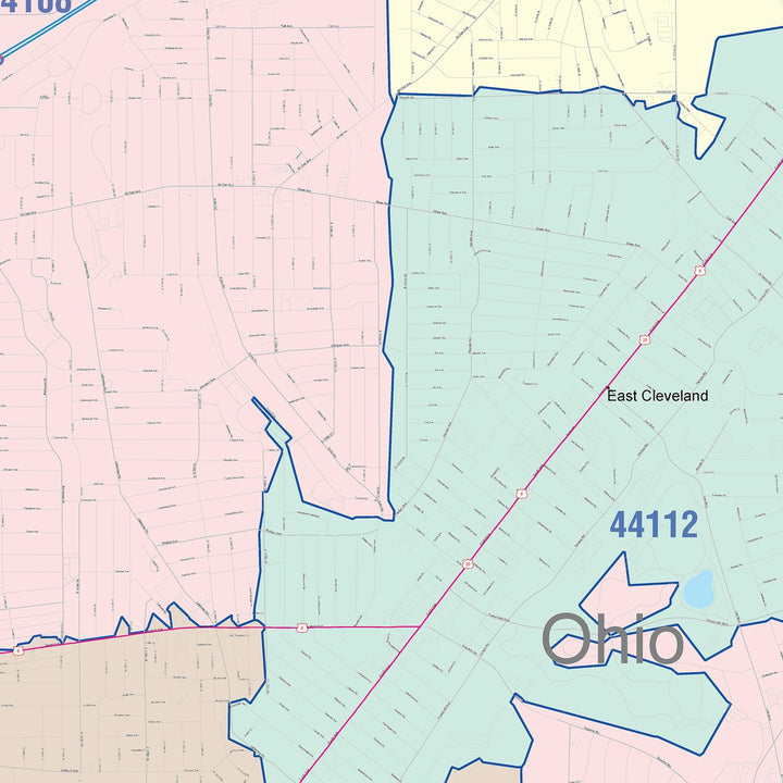 Color Cast Zip Code Style Wall Map of Cleveland Heights, OH