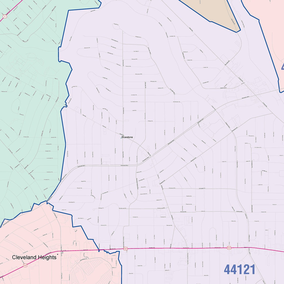 Color Cast Zip Code Style Wall Map of Cleveland Heights, OH