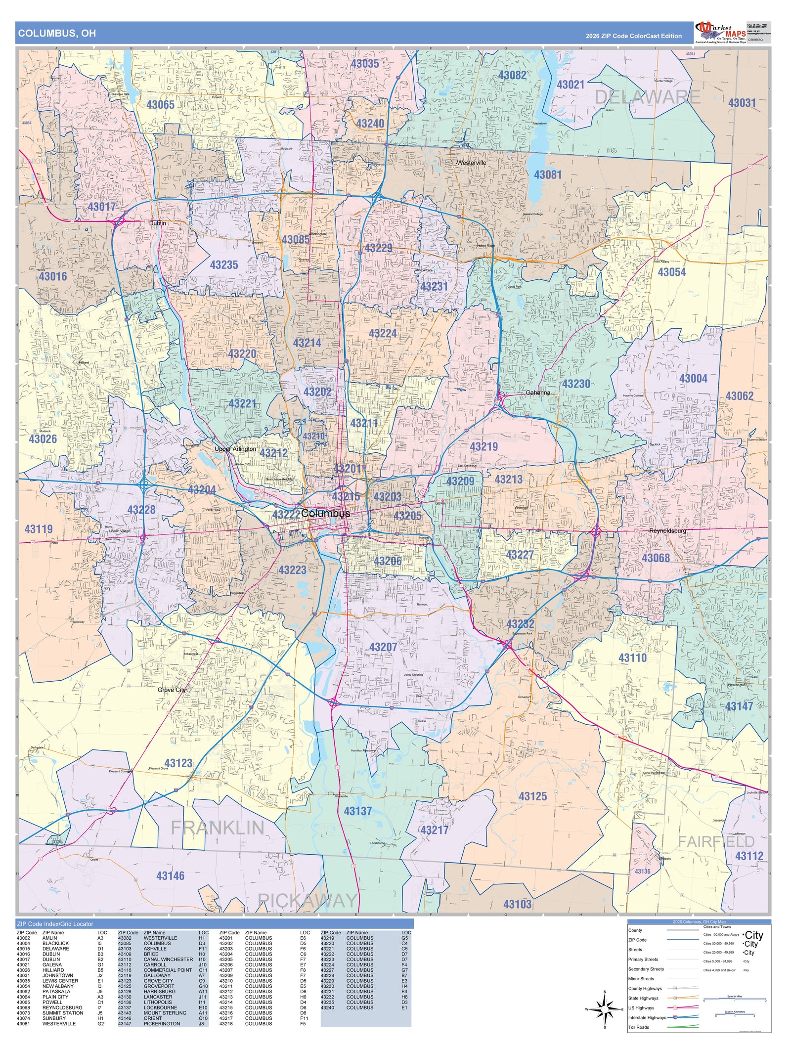 Color Cast Zip Code Style Wall Map of Columbus OH
