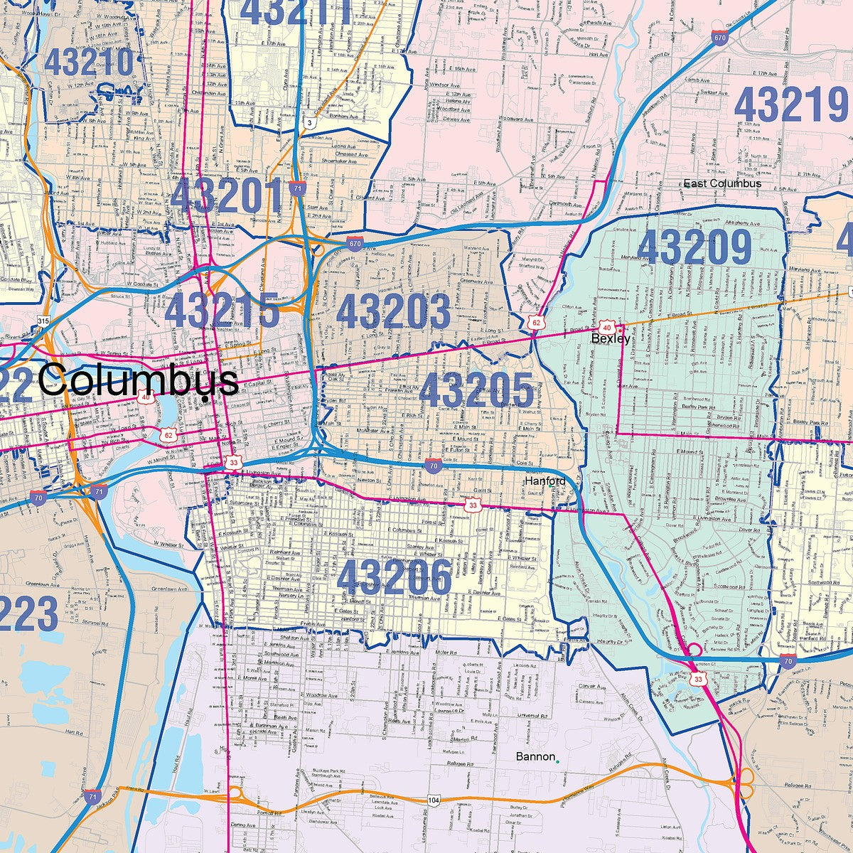 Color Cast Zip Code Style Wall Map of Columbus, OH – American Map
