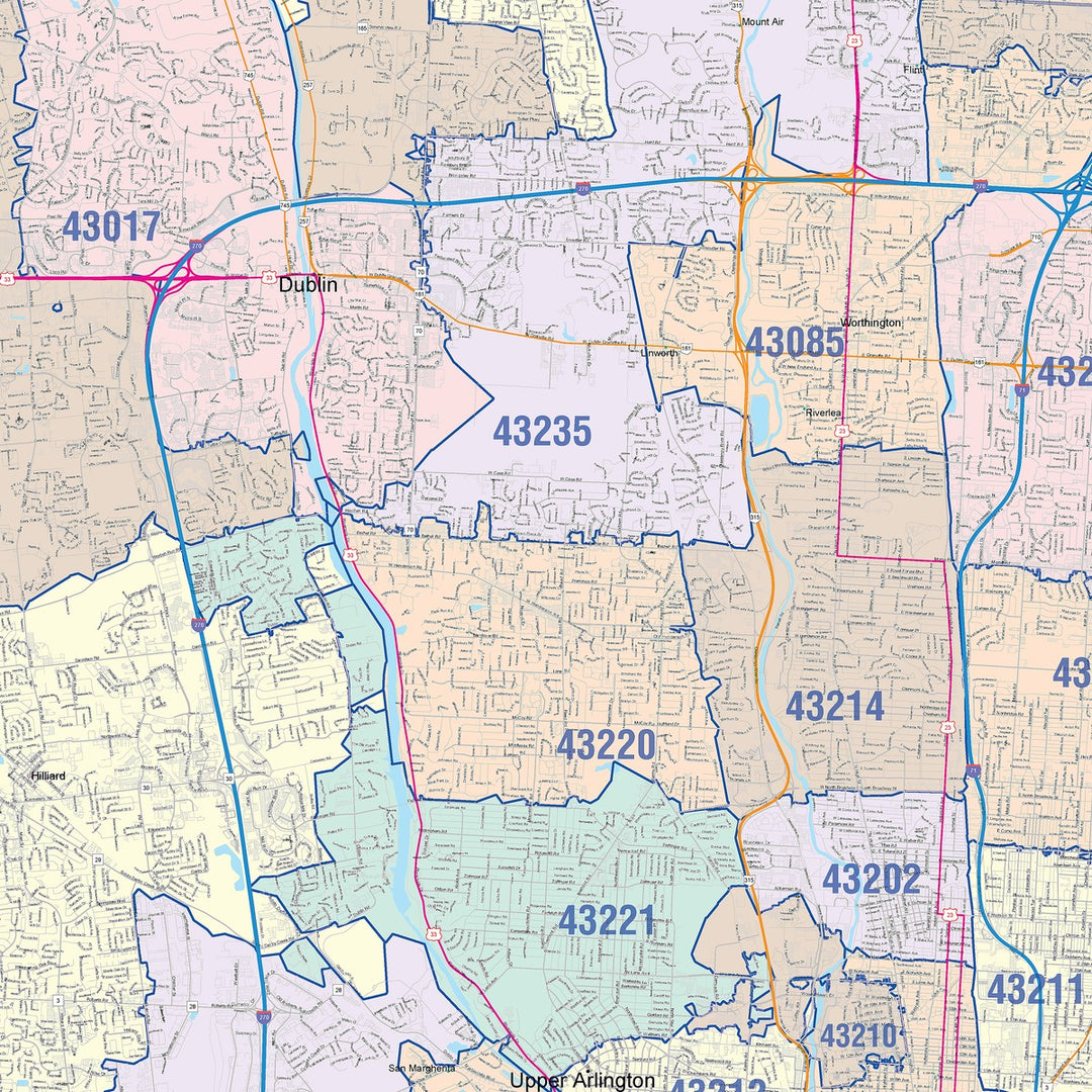 Color Cast Zip Code Style Wall Map of Columbus, OH – American Map Store
