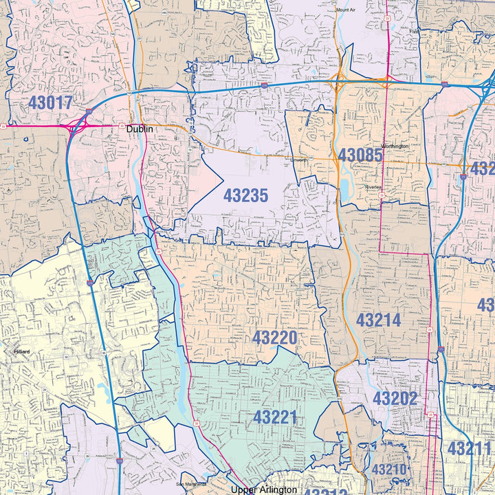 Color Cast Zip Code Style Wall Map of Columbus, OH – American Map Store