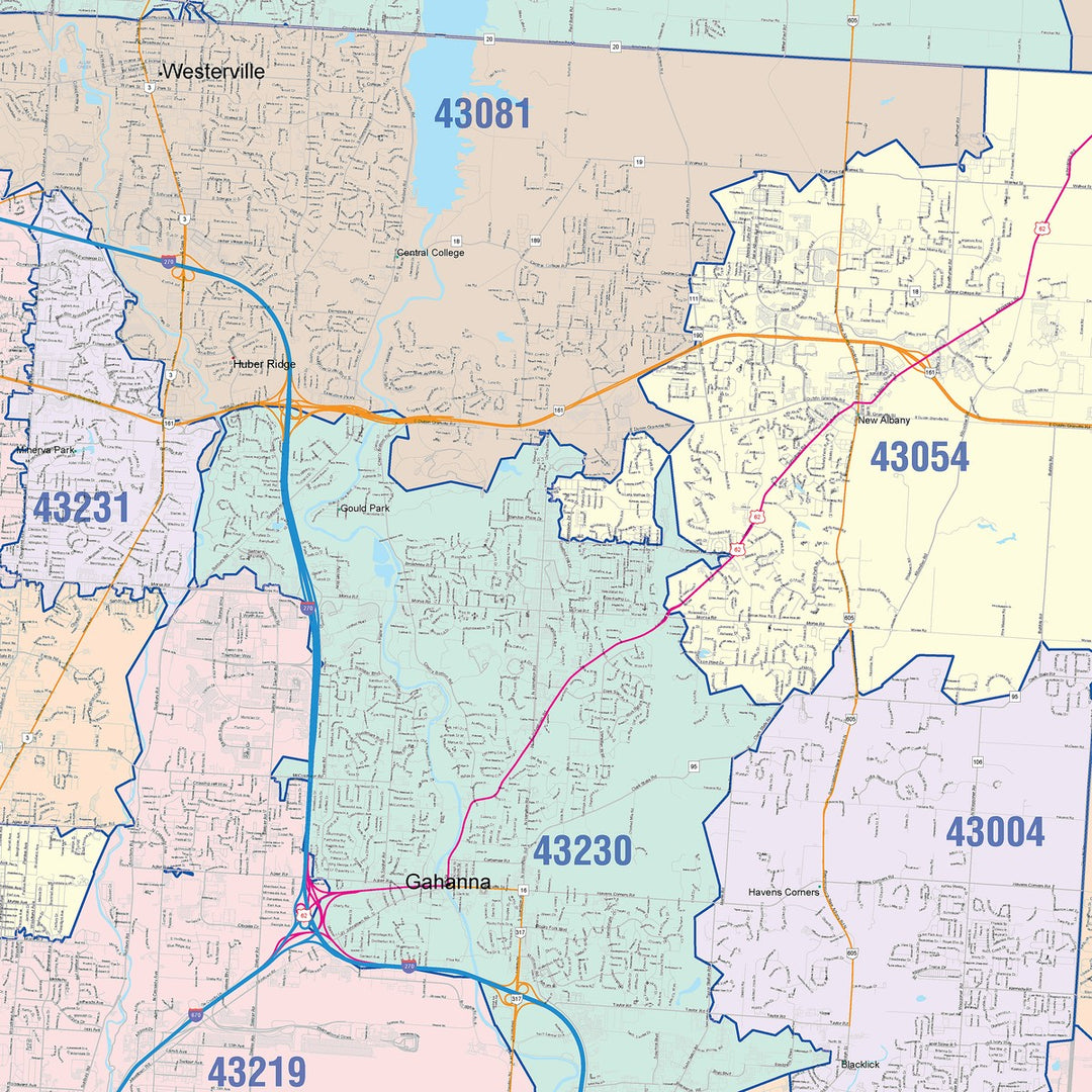 Color Cast Zip Code Style Wall Map of Columbus, OH – American Map Store