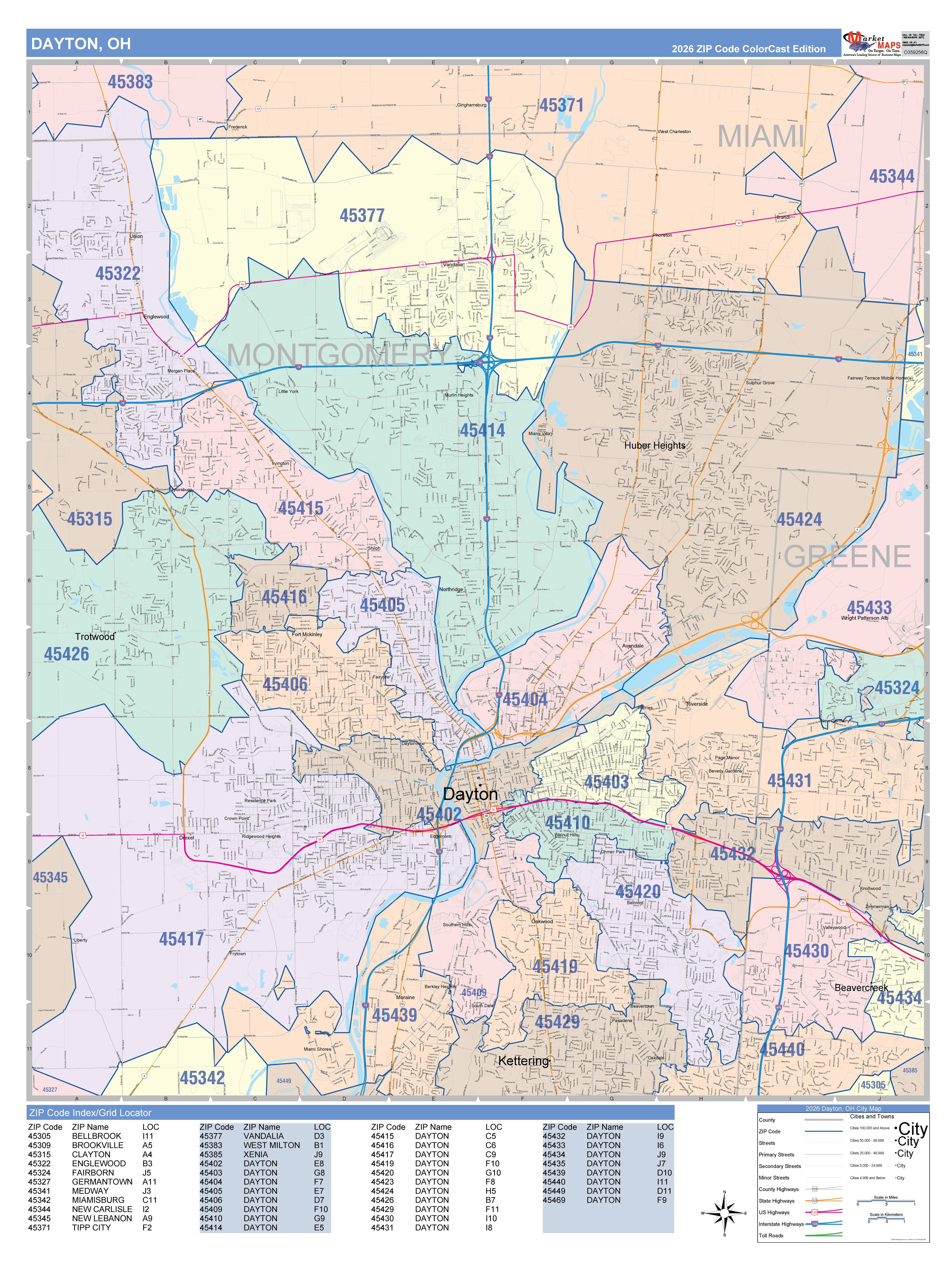 Color Cast Zip Code Style Wall Map of Dayton, OH – American Map Store