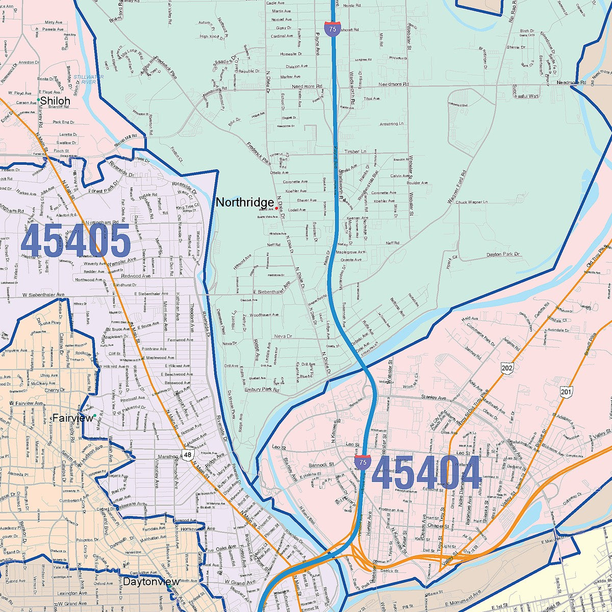 Color Cast Zip Code Style Wall Map of Dayton, OH – American Map Store