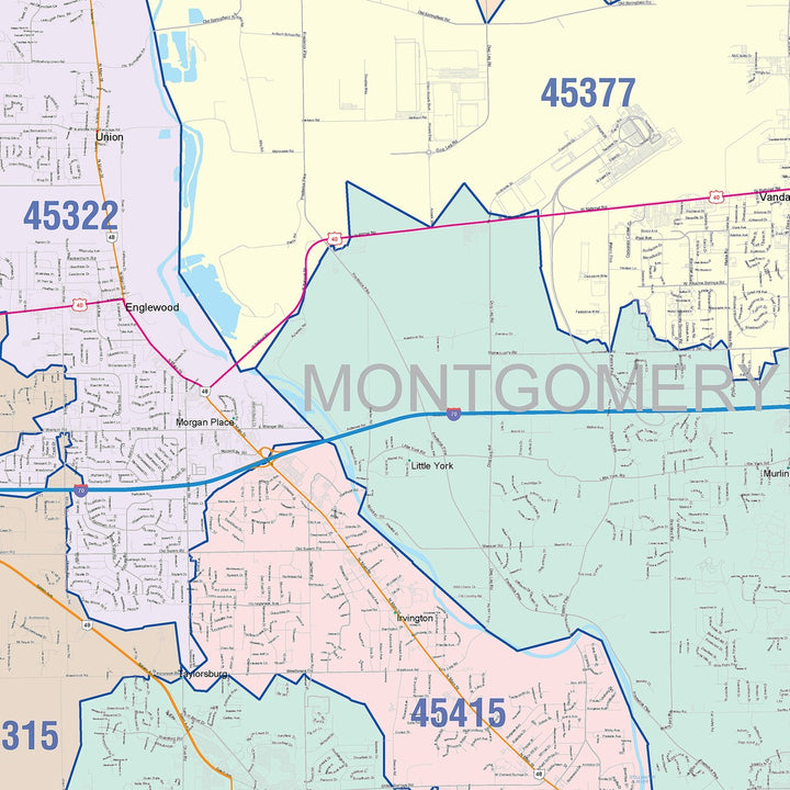 Color Cast Zip Code Style Wall Map of Dayton, OH