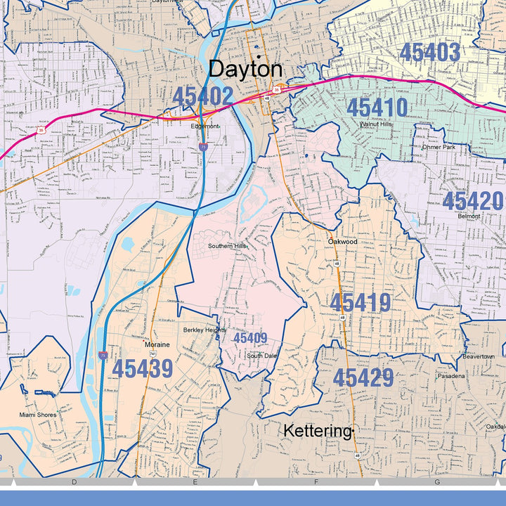 Color Cast Zip Code Style Wall Map of Dayton, OH