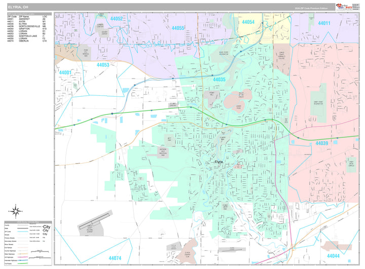Premium Style Wall Map of Elyria, OH