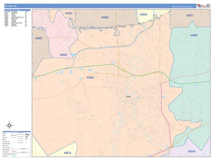 Color Cast Zip Code Style Wall Map of Elyria, OH