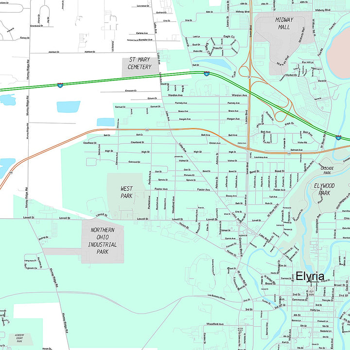 Premium Style Wall Map of Elyria, OH