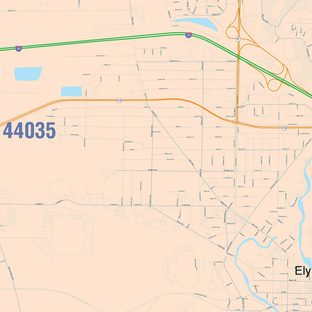 Color Cast Zip Code Style Wall Map of Elyria, OH