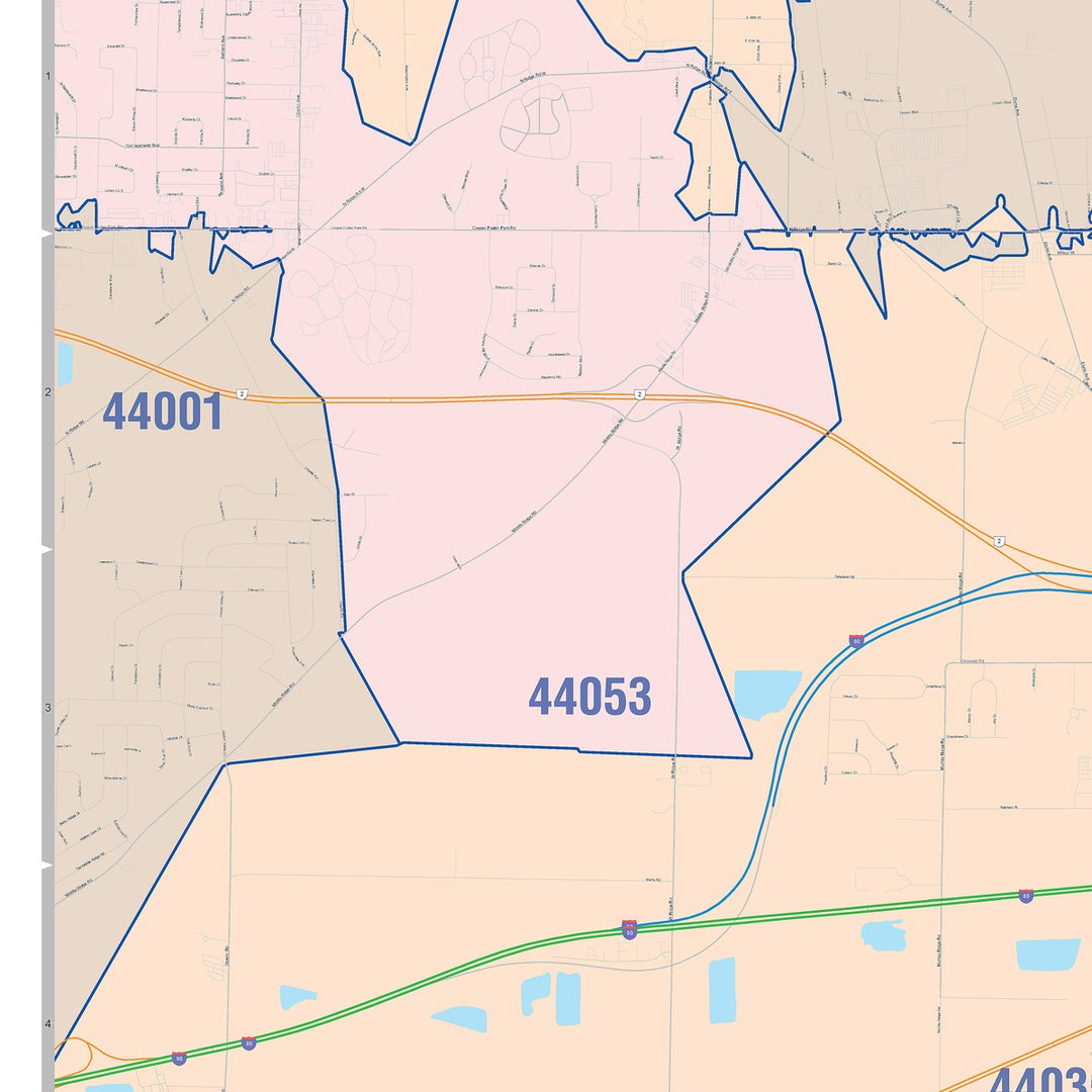 Color Cast Zip Code Style Wall Map of Elyria, OH