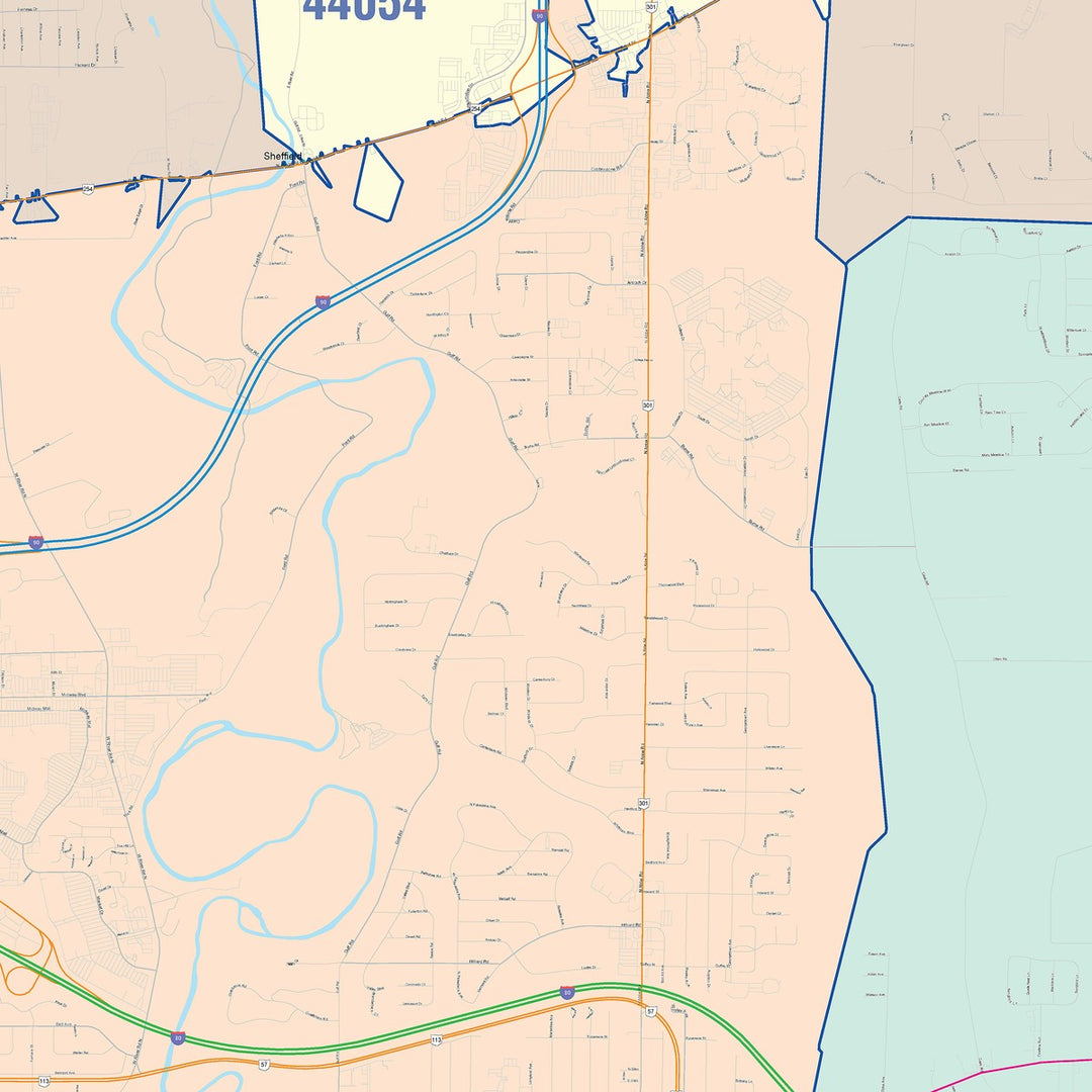 Color Cast Zip Code Style Wall Map of Elyria, OH