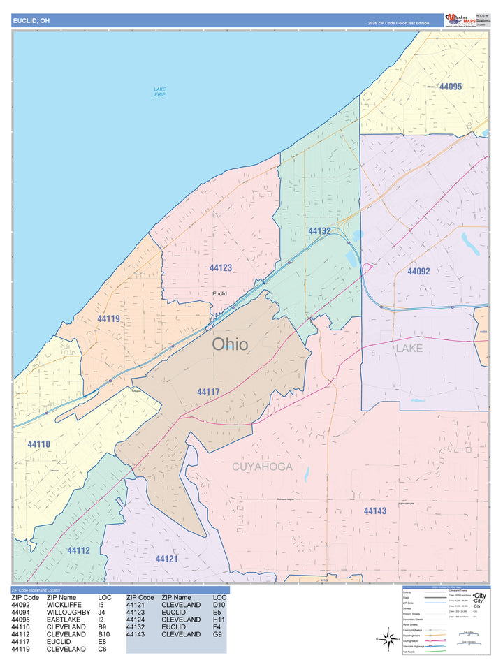 Color Cast Zip Code Style Wall Map of Euclid, OH