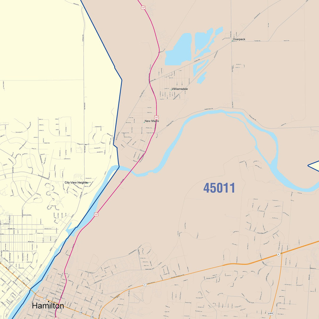 Color Cast Zip Code Style Wall Map of Hamilton, OH
