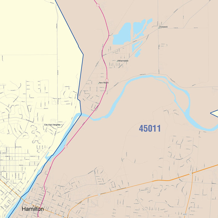 Color Cast Zip Code Style Wall Map of Hamilton, OH