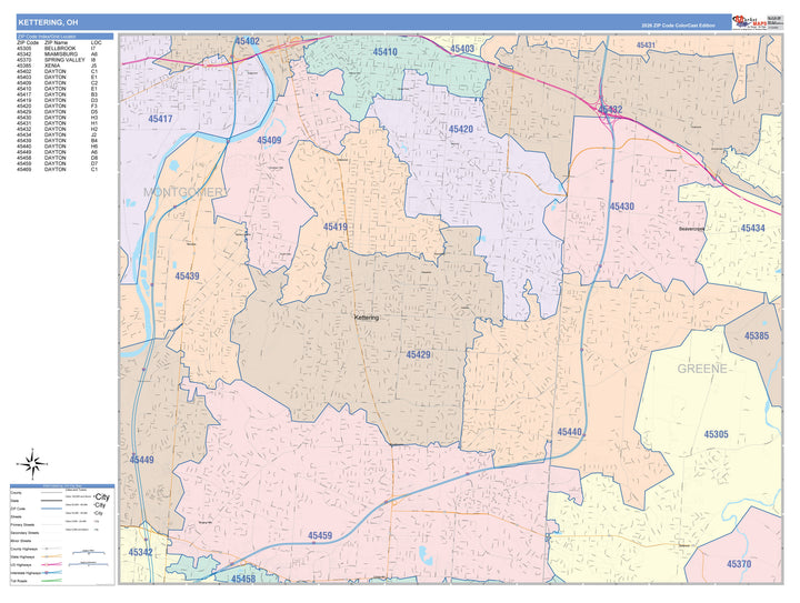 Color Cast Zip Code Style Wall Map of Kettering, OH