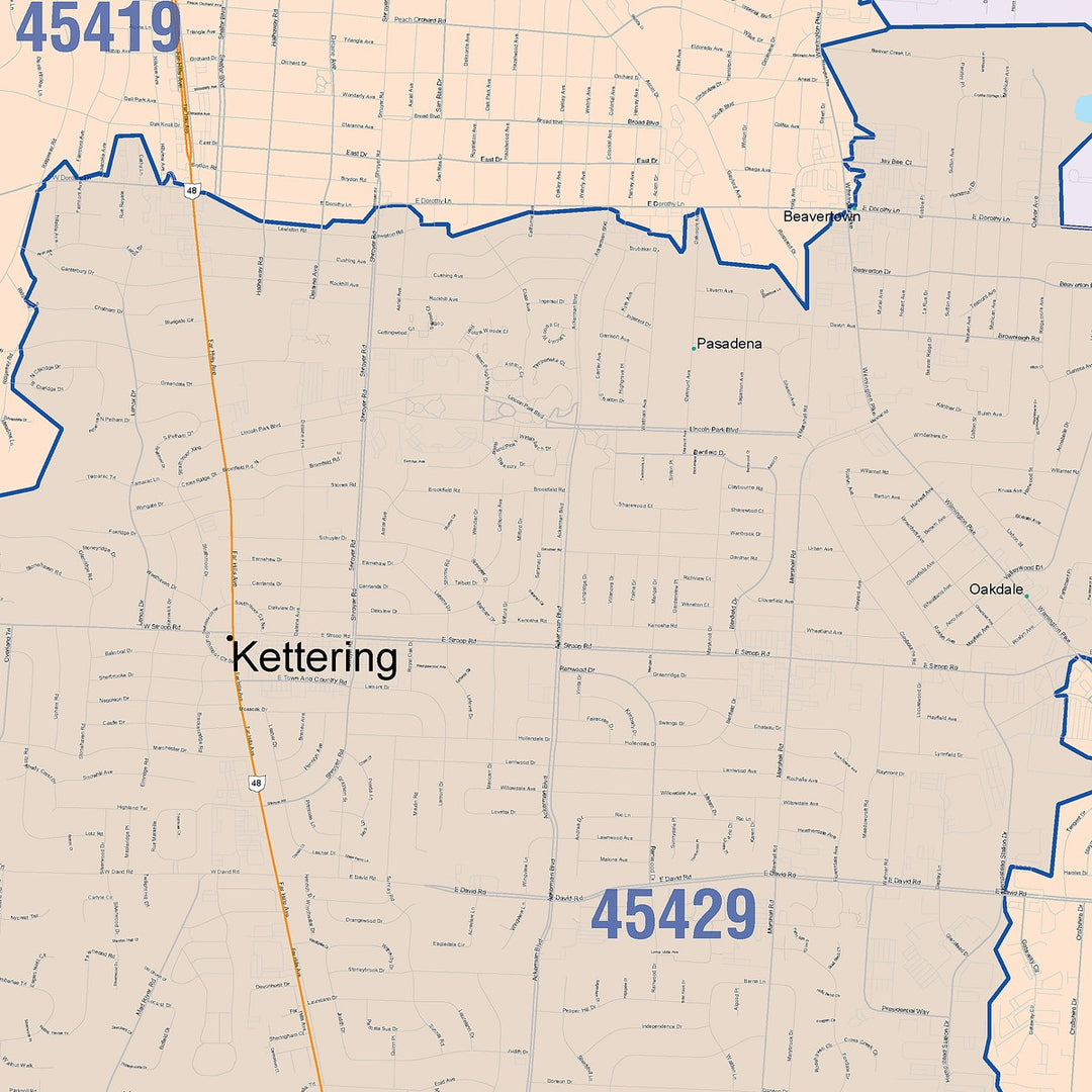 Color Cast Zip Code Style Wall Map of Kettering, OH